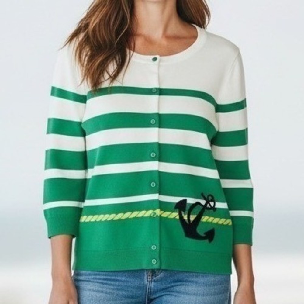 Talbots Cardigan Striped Anchor Nautical Coastal Preppy Maritime Sailer Small